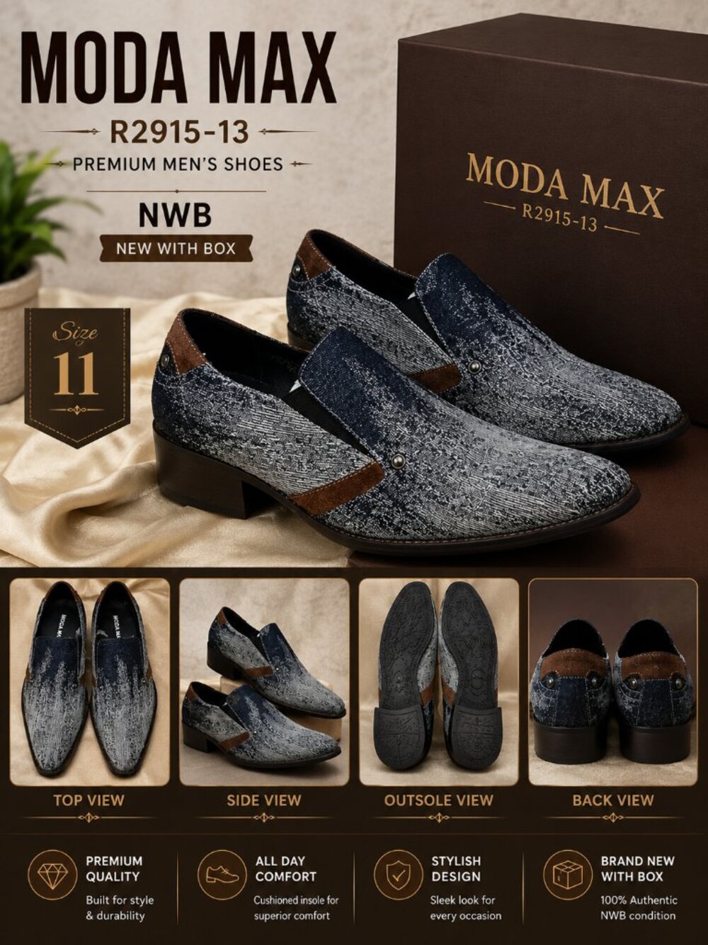 NWB Moda Max Slip-On Dress Loafers Black Silver Textured Men's Shoes